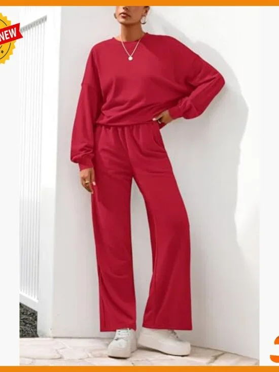Loose Fit Sweatsuit Set, Crewneck Sweatshirt & Wide Leg Sweatpants, 2 Piece - Picture 6 of 7